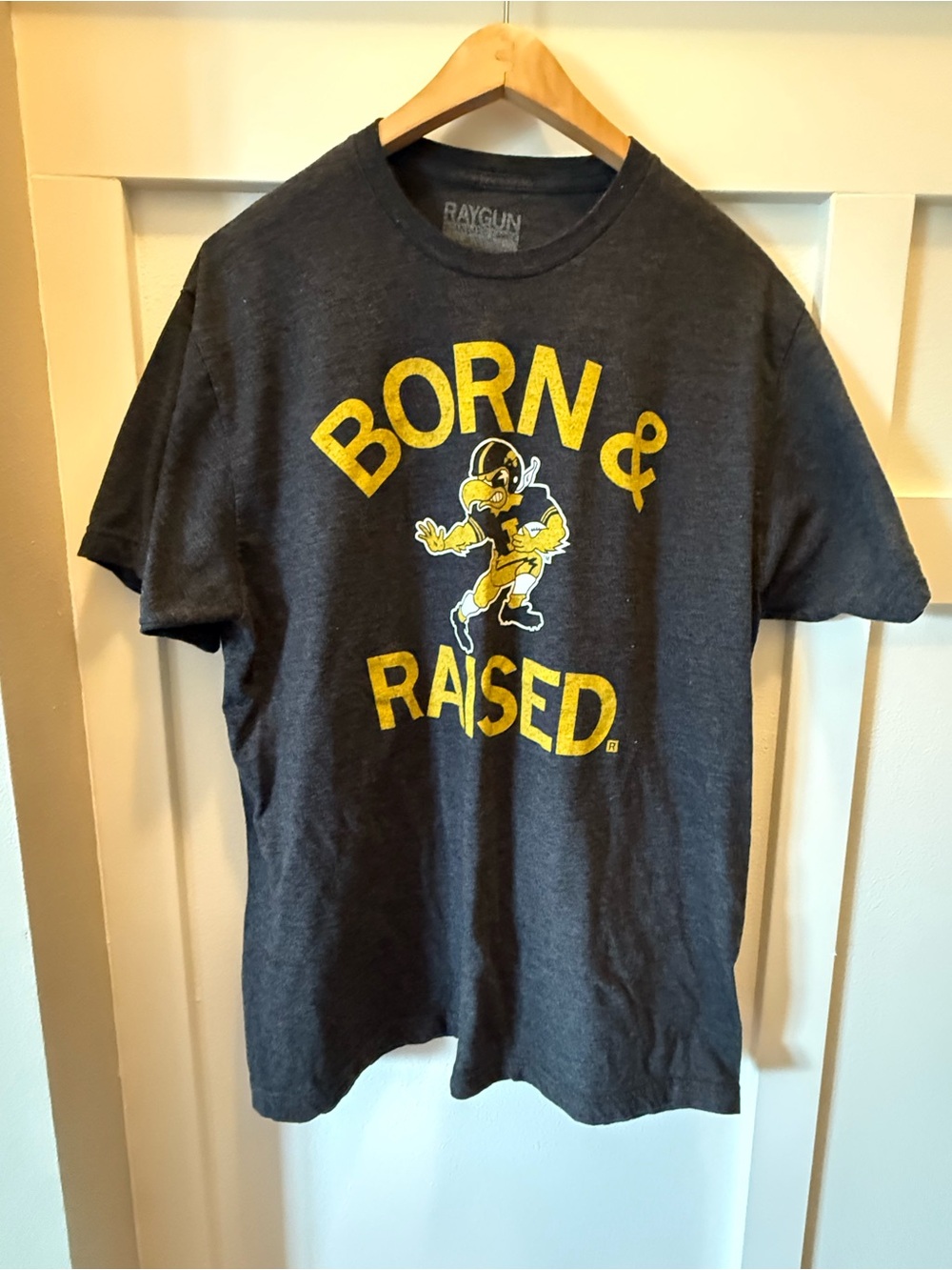 Iowa Hawkeye Born & Raised Mens Graphic Tee - Charcoal with Yellow Print